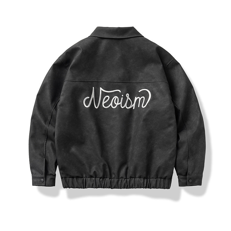Lettering Embroidered Outdoor Leather Jacket