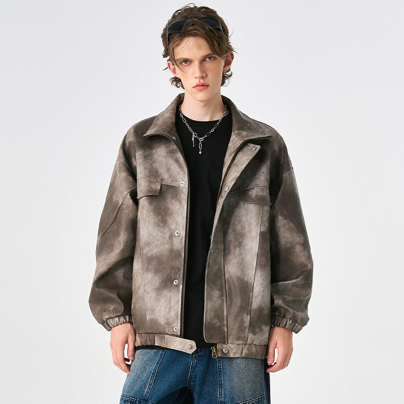 Distressed Stand Collar Outdoor Leather Jacket