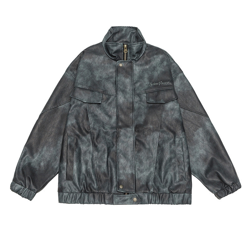 Distressed Stand Collar Outdoor Leather Jacket