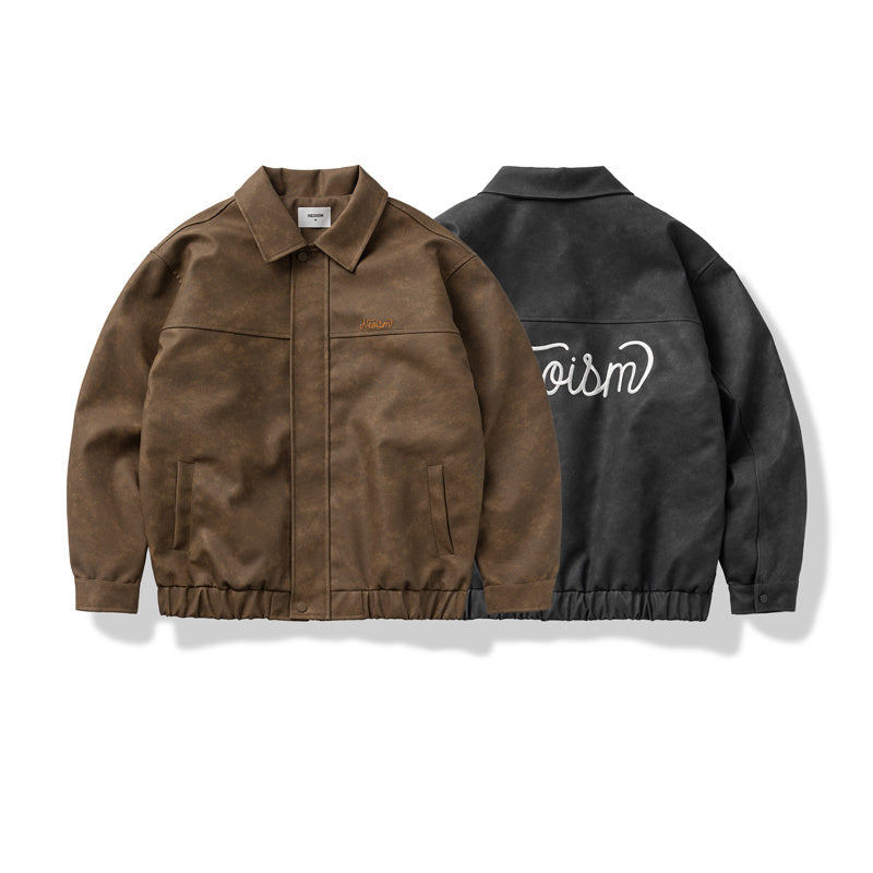 Lettering Embroidered Outdoor Leather Jacket