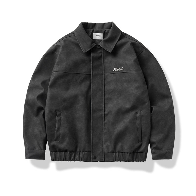 Lettering Embroidered Outdoor Leather Jacket