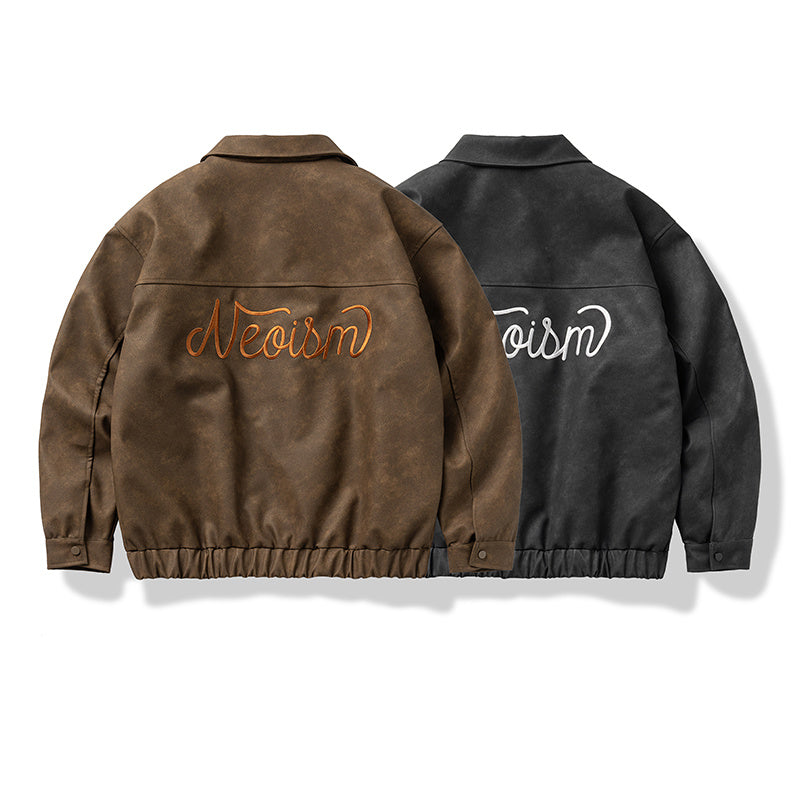 Lettering Embroidered Outdoor Leather Jacket