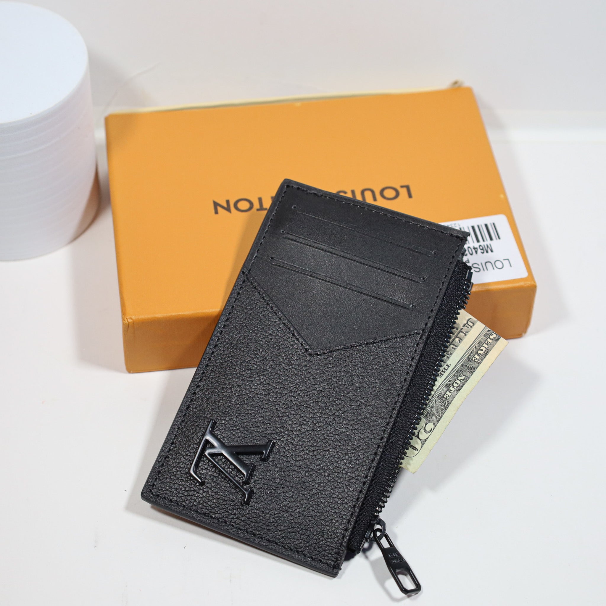 Louis Vuitton Credit Card Wallet Black Leather Zipper